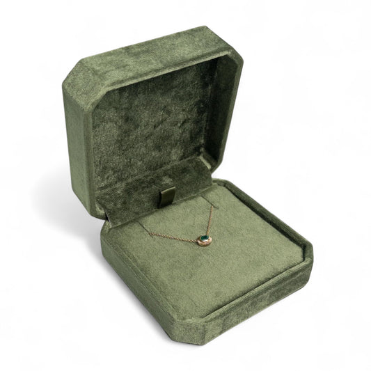 Olive Green Cut Corner Square Hinged Velvet Necklace Box