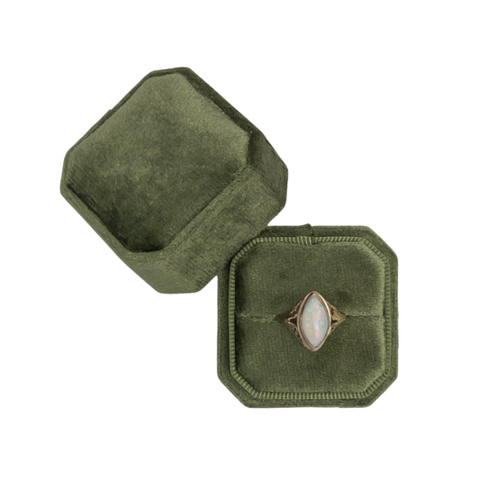 Olive Green Cut Corner Square Velvet Single Ring Box