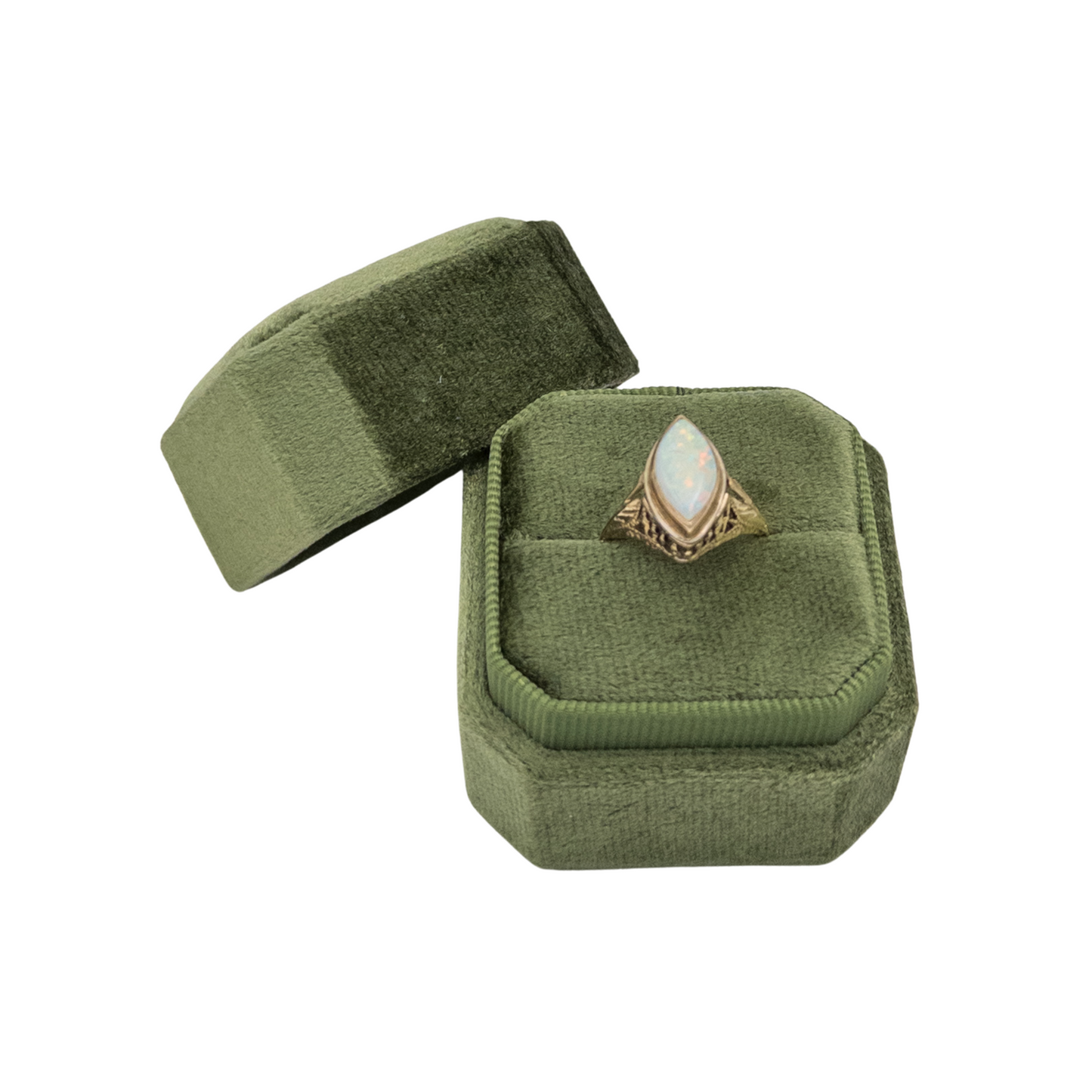 Olive Green Cut Corner Square Velvet Single Ring Box