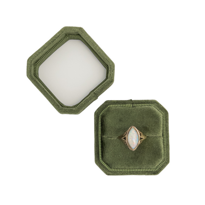 Olive Green Cut Corner Square Velvet Single Ring Box