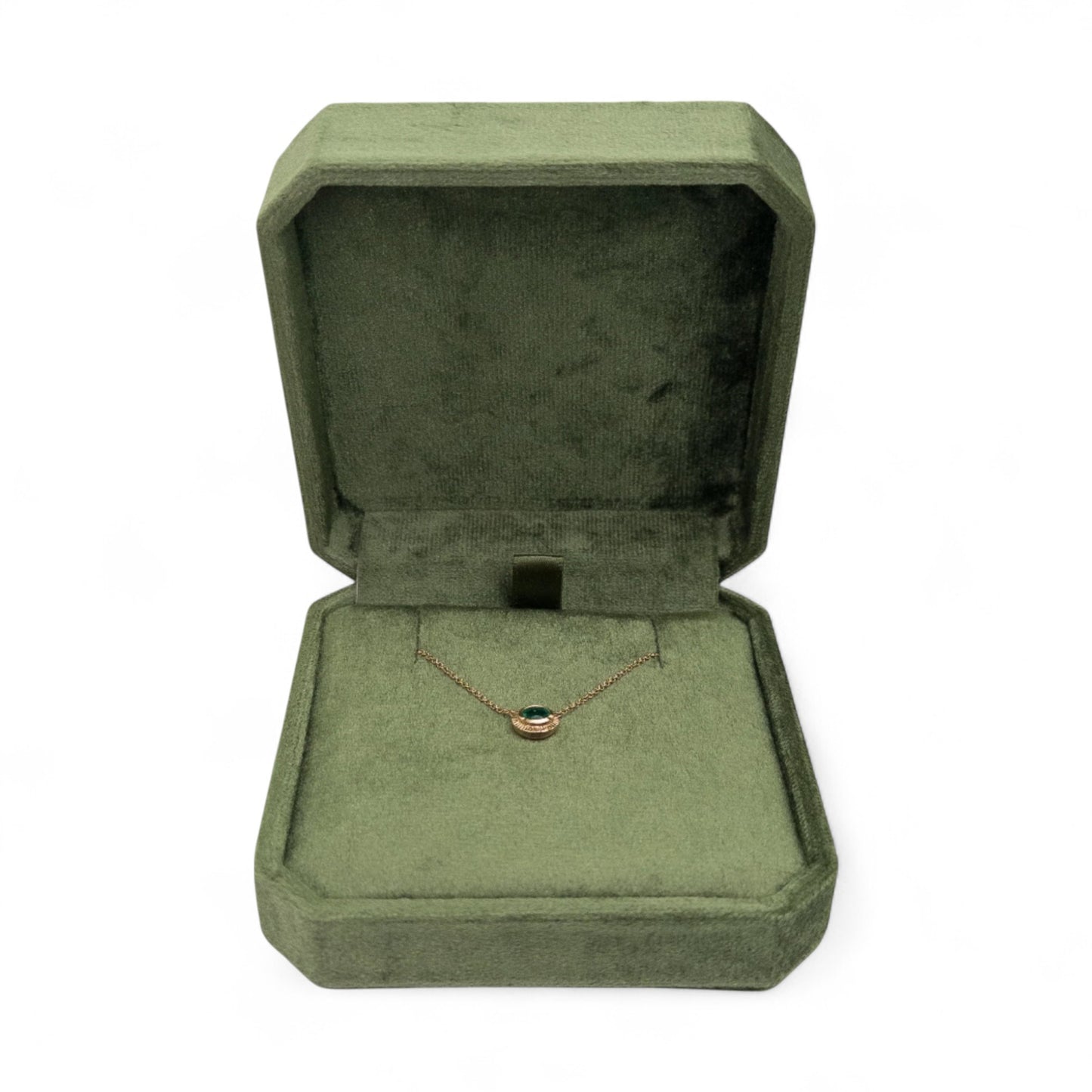 Olive Green Cut Corner Square Hinged Velvet Necklace Box