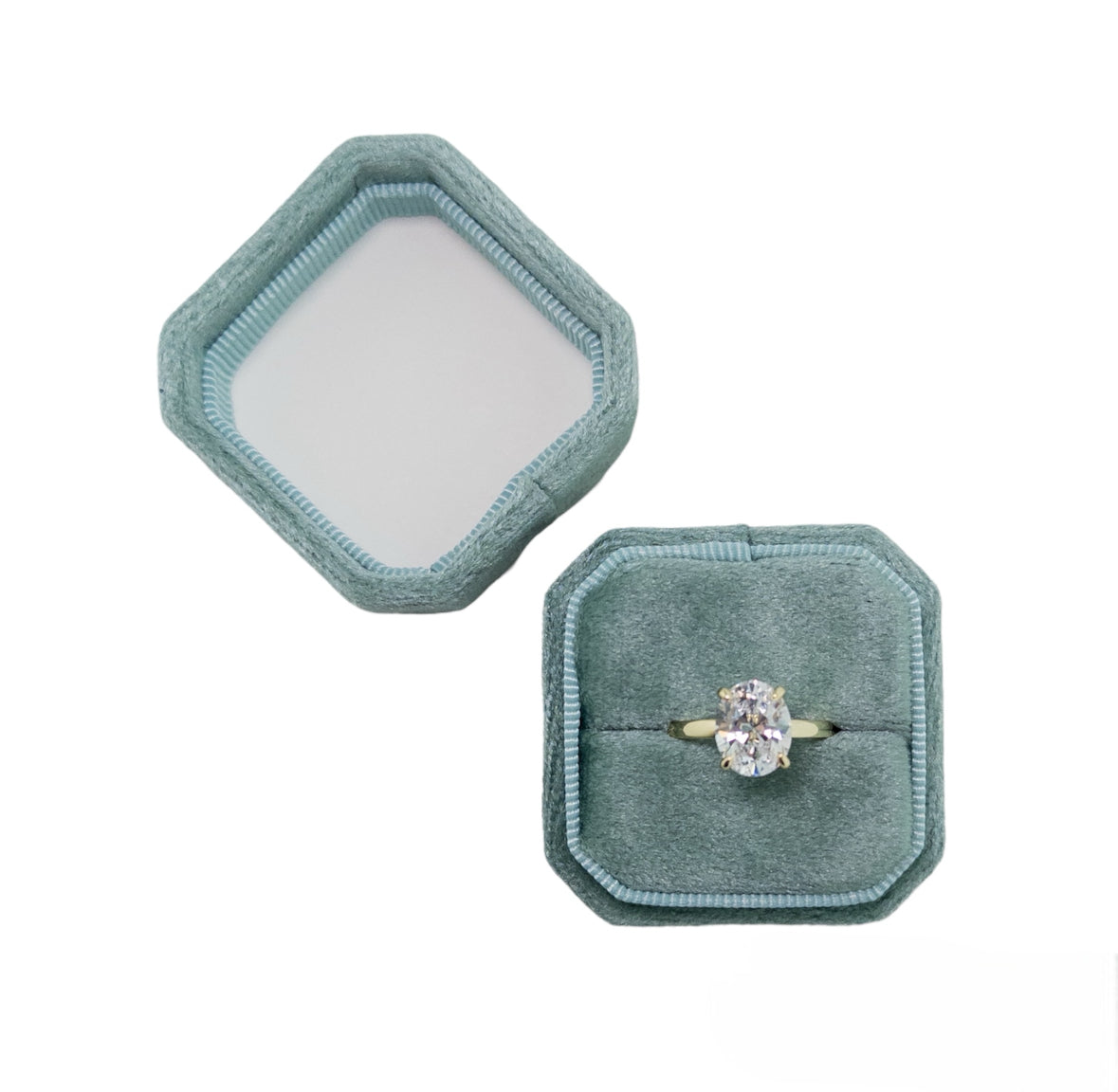 Aqua Blue Velvet Cut Corner Square Single Ring Box