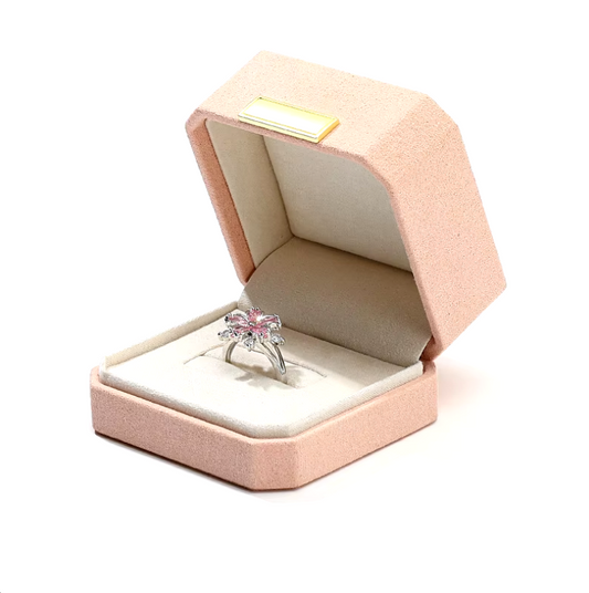 Pink Suede Cut Corner Rectangle Single Ring Box